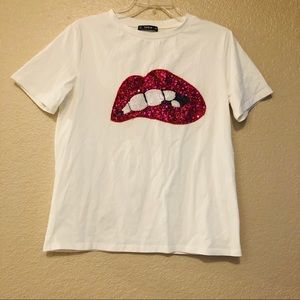 Shein White T-shirt with Red Sequin Lips